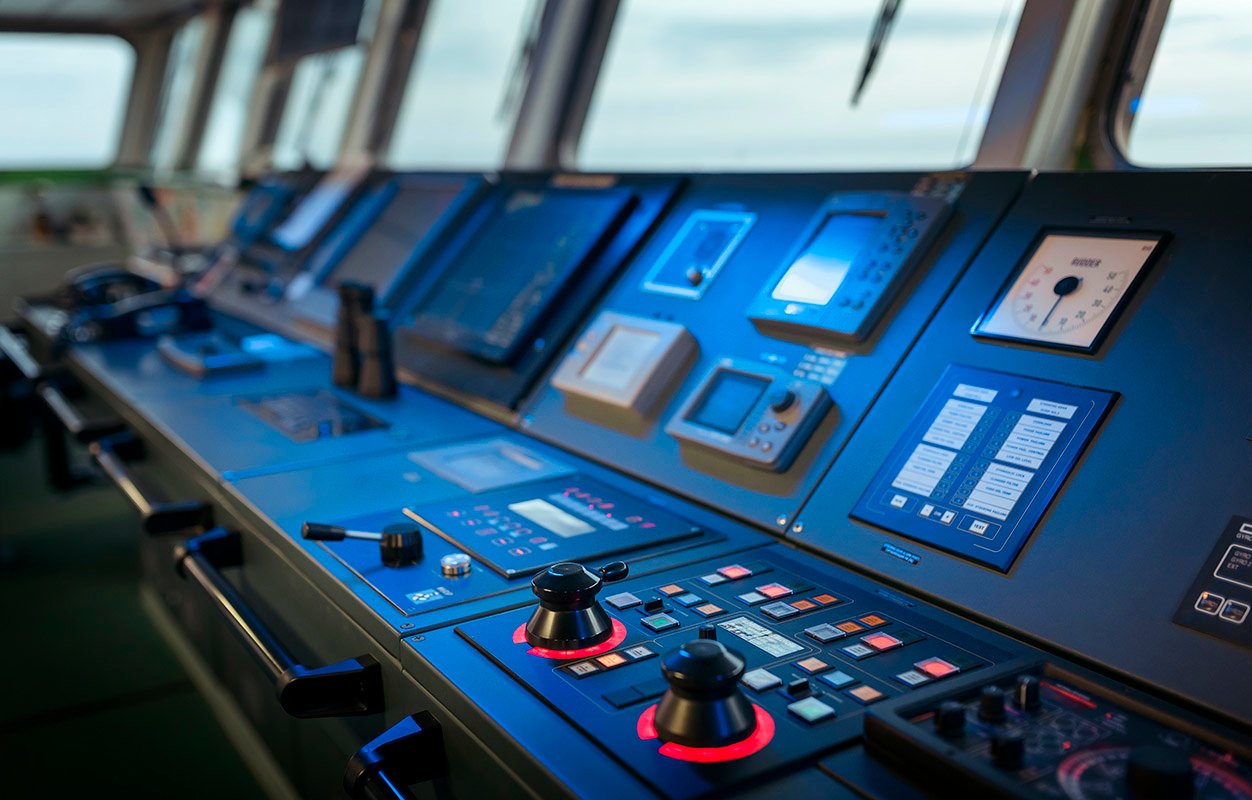 Wheelhouse control board of modern industry ship; Shutterstock ID 1763744888; purchase_order: -; job: -; Name of competition (if applicable): -; other: -